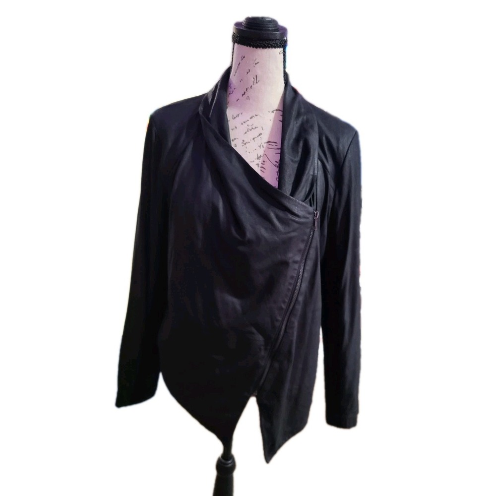 BB Dakota Black Asymmetrical Drape‎ Front Genuine Leather Jacket Womens Medium